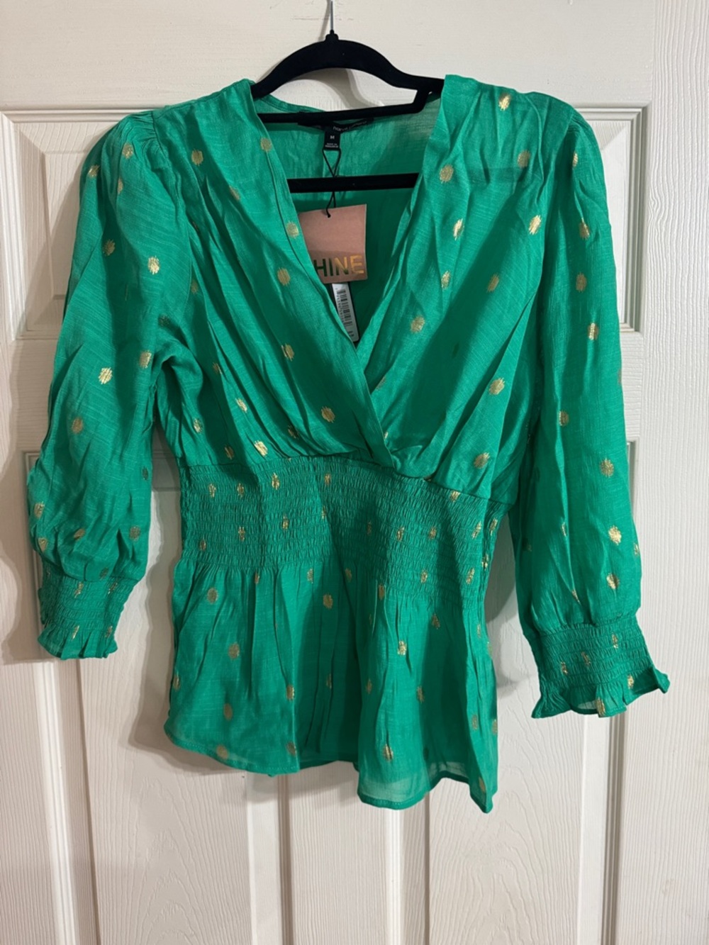 Harve Benard Emerald Green Blouse with Gold Dot Detail